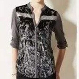 Tiny by Anthropologie Henley Crushed Velvet Sequined Blouse 3/4 Sleeves Size L